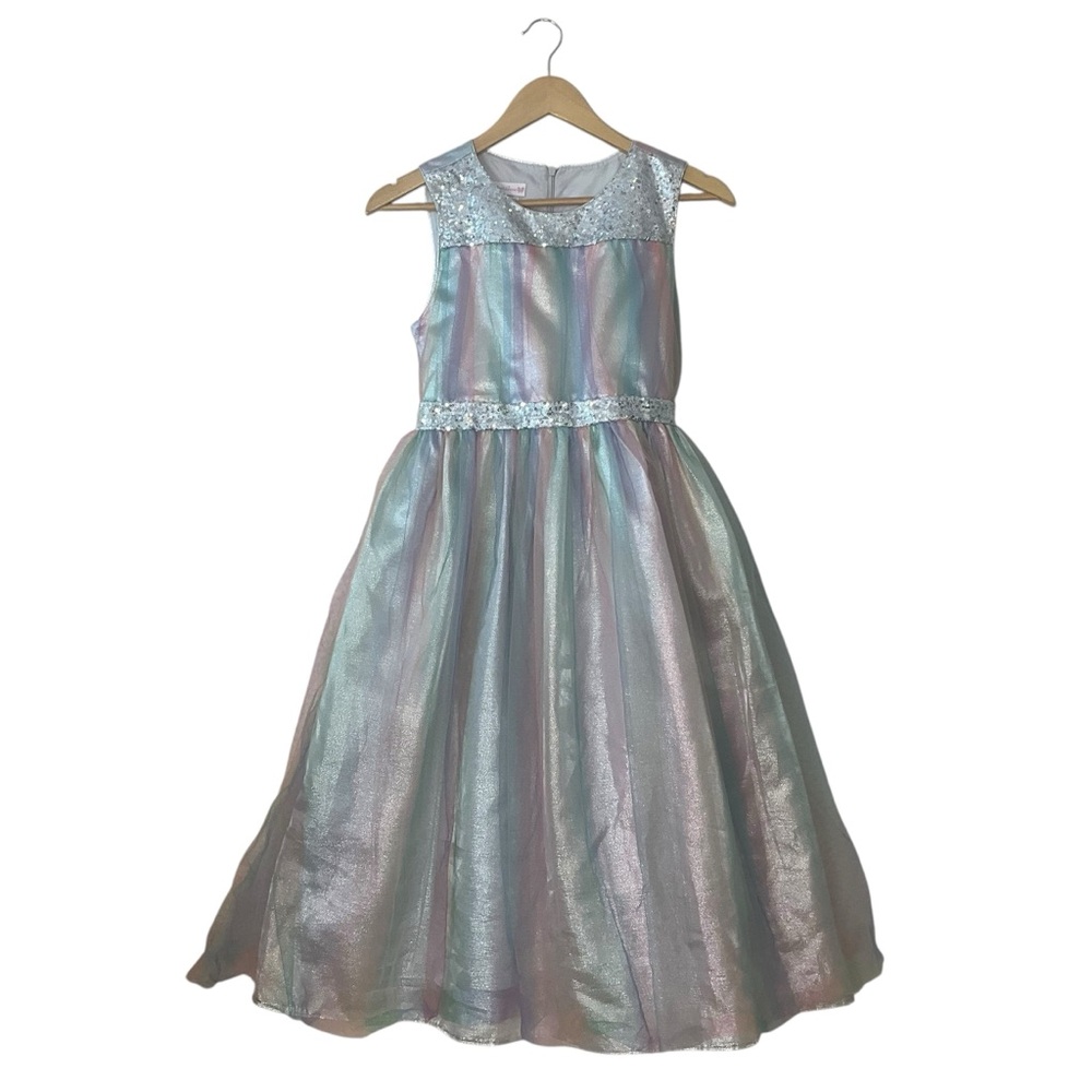 BONNIE JEAN sz 16 Dress Tulle Silver Sequins Bow Back Zip Pastel Rainbow
